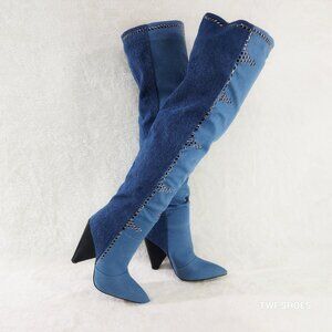 Western Flare Denim Boots Cone Heels Button Studs OTK Pull On Thigh High Boot
